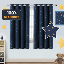 PrinceDeco Blackout Kids Curtains for Bedroom Thermal Insulated Bronze Twinkle Star Curtains for Boys Antique Grommet Top Window Treatment 2 Panels Drape for Nursery (52" W x 63" L, Navy/Bronze)