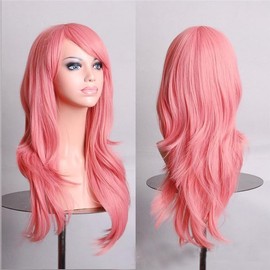 Tangyaoyusun 28Inch Pink Wig with Bang Long Wavy Curly Hair Cosplay Wig For Girls Women Theme Party (Pink)