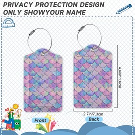 Set of 2 Luggage Tag for Suitcases LeatherMermaid Fish Scale Wave Tags with Stainless Steel Loop Privacy Name ID Card Cover Travel Bag Labels Set for Women Men Kids Girls
