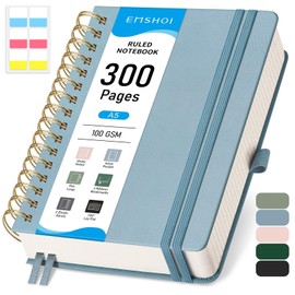 EMSHOI A5 Notebook College Ruled, Spiral Notepad 150 Sheets/300 Pages, 100gsm, HardCover, Sticky Notes, Pocket, Pen Loop, Ruler, Bookmark, Lined Journal for Women Men Writing, 14.5 x 21cm, Gray Blue