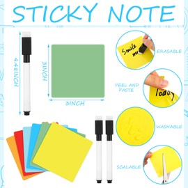 Crtiin 24 Pack Dry Erase Sticky Notes Reusable Whiteboard Stickers Washable Erasable Self Sticker with 2 Whiteboard Markers for School Office Labels Lists Reminder (Colorful, 3 x 3 Inch)