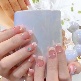 Pure Handmade Nails Press on Nail Reusable Fake Nails French Colourful Beads Rhinestones Bling Bling Nude Medium Stick on Nails French Tip False Nails 10pcs (XS, Q215)
