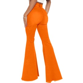 Orange Bell Bottom Butterfly Jeans for Women Elastic High Waisted Raw Hem Classic Flared Jeans Embroidered Denim Long Pants(Orange,3XLarge)