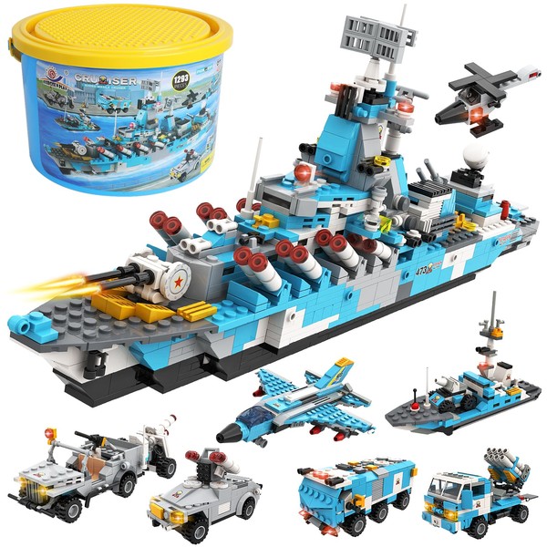 1294 Pieces Military Battleship Building Blocks Set,6 In 1 Cruiser Warship Toy with Patrol Boat,Fighter Plane,Missile Vehicle,Armored Tank,Storage Box with Baseplate Lid,Gifts for Boys Girls Ages 6+