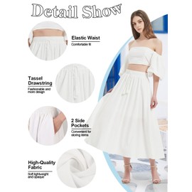 Kefiys Women's Summer Skirt with Pockets, Long Skirts with Elastic Band, Summer Skirt with Drawstring, Plain, Casual, Wedding, Cocktail Midi Skirt, White, L