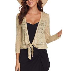 Spicy Sandia Women's Tie Front Sheer Shrug for Dresses 3/4 Sleeve Crochet Cropped Cardigan Sweater for Summer Lightweight Beige XL