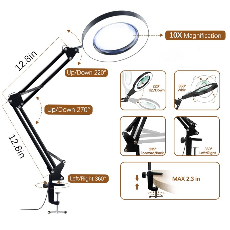 VUEJIC 10X Magnifying Glass with Light and Clamp, Magnifier with