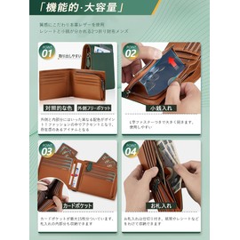 GS 23027 Men's Bifold Wallet, Large Capacity, Compact, Thin, Small Wallet, Genuine Leather, Leather Wallet, Popular Brand, Zipper, Coin Purse, Holds 10 Cards/Boys, Father's Day, Present, Gift, (With