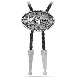 Yjfeshion Western Cowboy Tie Oval Shape Horse Religion Cross Prayer Bolo Tie Handmade Leather Necktie for Men Women vintage silver