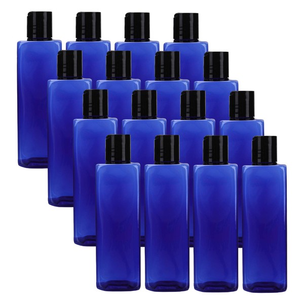 Bekith Paquete de 16 botellas de plástico vacías azules con tapa abatible, contenedores de viaje de 8 onzas para champú, lociones, jabón líquido corporal, cremas, rectángulo
