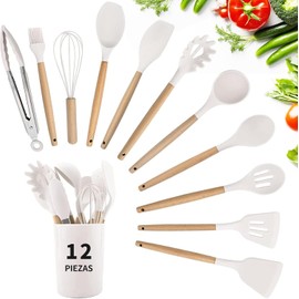 Juego de Utensilios de Cocina de Silicona Utensilios-Juego de 12 Herramientas de Cocina Antiadherentes Resistentes al Calor con Mango de Silicona y Madera, Ideal para Cocinar y Hornear, Blanco