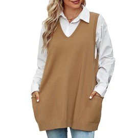 Niwicee Womens Sweater Vest Loose Knitted Sleeveless Jumpers Tank Top Knitwear V-Neck Vintage Knit Pullover Waistcoat with 2 Pockets(Khaki,S)