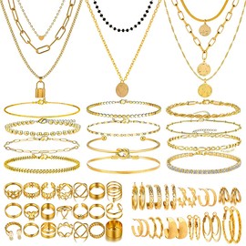 IXNEOP Gold Jewelry Sets for Women Fashion Costume Jewelry Gold Plated Necklace Anklet Bracelet Earrings Set (ix002-GD)