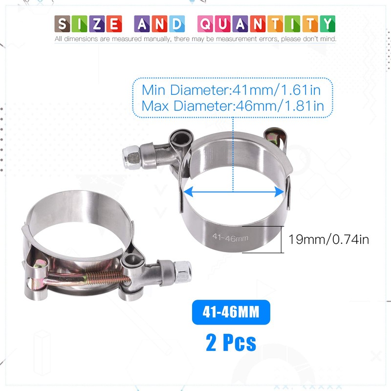 Glarks 2Pcs 41-46mm Stainless Steel T-Bolt Hose Clamps Turbo Intake