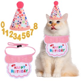 Telooco Cat Birthday Party Supplies Pink Cat Birthday Hat with Number Kitten Bow Bandana Collar Bib for Girl Cats Party Decorations Outfits