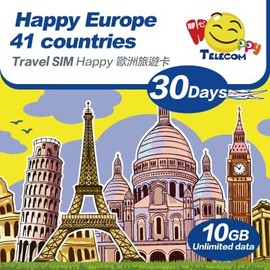 Happy Europe 41 Countries 30 Days Unlimited Data Travel Sim Card | Includes Turkey & Switzerland | 10GB of 4G LTE High-Speed Data Then 128kbps | No Need Registration | Easy Activation
