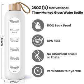 PROBTTL 25 oz Glass Water Bottles - Time Marker Motivational Borosilicate Glass Water Bottle With Silicone Sleeve and Bamboo Lid, Leak Proof, Reusable, BPA Free (White)