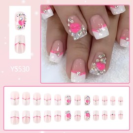 24Pcs Valentines Press on Nails Heart Fake Nails Glitter French Tip False Nails with Nail Rhinestones Design Heart Love Stick on Nails Full Cover Acrylic Nails for Winter DIY Manicure Decoration