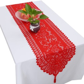 KYEYGWO Hollow Lace Table Runners Elegant Mesh Tablecloth Vintage Macrame Table Cover with Tassels for Rustic Boho Wedding Reception Decoration Bridal Showers, 53'' x 13'' cm Red