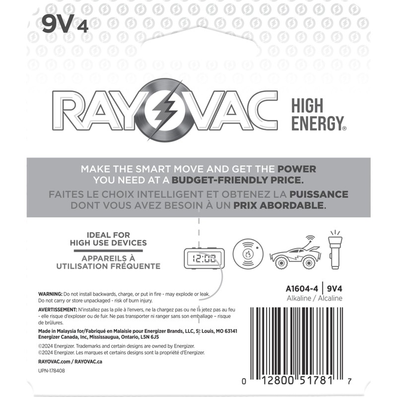 Rayovac High Energy 9V Batteries (4 Pack), Alkaline 9 Volt