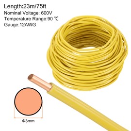 MECCANIXITY 75 Feet Electrical Wire Insulated Solid Copper 12 AWG Hook Up Wire Cable THHN Wire Residential, Industrial, Grounding, Electrical Rated for 600 Volts, UL Listed, Yellow