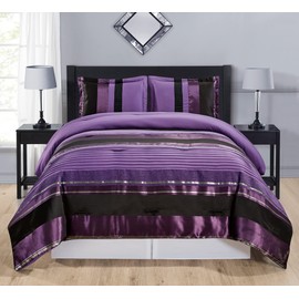 Grand Linen Chenille Bedding 3 Piece Queen Size Royal Purple, Black, Silver Grey Jacquard Striped Bed in A Bag Down Alternative Comforter Set. Perfect for Any Bedroom or Guest Room