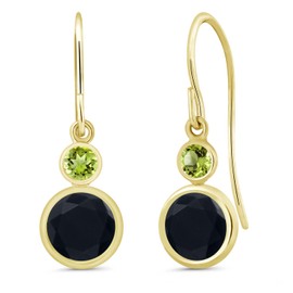Gem Stone King 14K Yellow Gold Black Onyx and Green Peridot Drop Dangle Earrings For Women (1.84 Cttw, Gemstone December Birthstone, Round 6MM and 3MM)