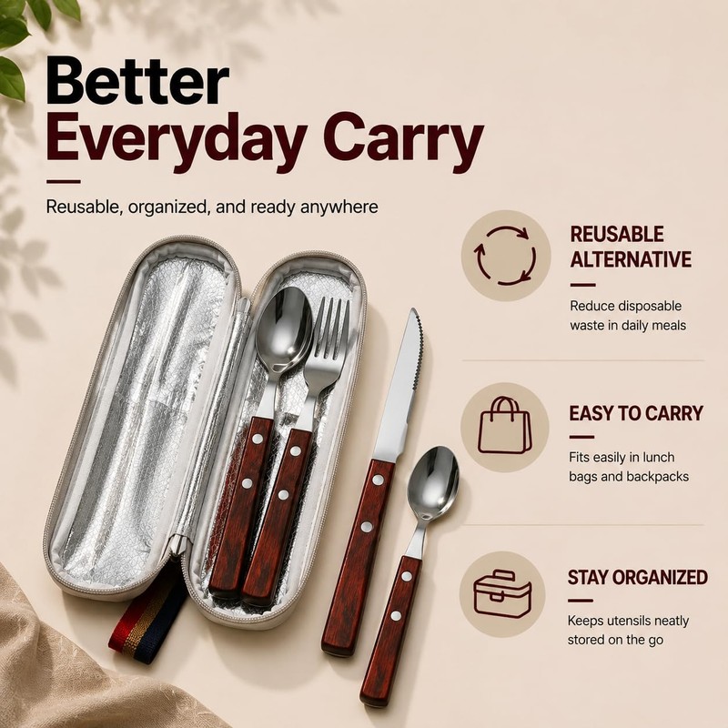 SNAILBREAD Portable Travel Utensils with Case, 4-Piece Stainless Steel Silverware