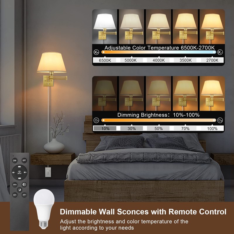TRLIFE Remote Control Dimmable Wall Sconce, Adjustable Color Temperature 2700K-6500K