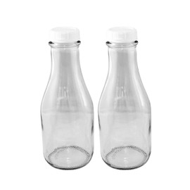 The Dairy Shoppe 1 Qt Glass Milk Bottle 32 Oz Tall/Round Style with Snap-on Caps and Pour Spouts (2 pack)