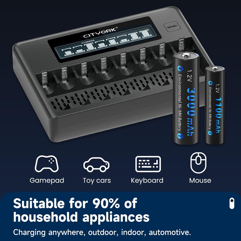 CITYORK Rechargeable Batteries with Charger, 8 Pack AA 3000mAh &