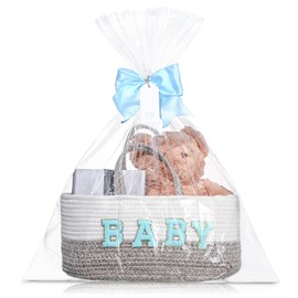 Beeveer Diaper Caddy Organizer with Bow Portable Cotton Rope Basket Storage Bag for Changing Table Nursery Baby Shower(Blue)