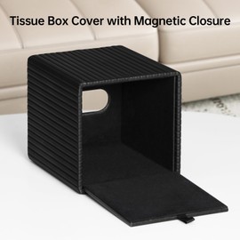 MEIBOOCH Tissue Box Cover Stylish PU Leather Square Tissue Box Holder with Magnetic Bottom for Bathroom Bedroom or Office (Black Stripe)