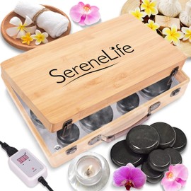 SereneLife Massage Stone Heater Box Set-Electric Spa Portable Heated Rocks Massage Stones and Warmer Set - Heat Rock Massaging Kit 12 Large/Small Black Stone Set w/Bamboo Heating Case PSLMSGST65.5