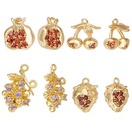 BENECREAT 8Pcs 4 Styles Real 18K Gold Plated Micro Pave Cubic Zirconia Pendants, Cherry Strawberry Grape Pomegranate Long-Lasting Plated Brass Fruit Charms for Wedding DIY Jewelry Making