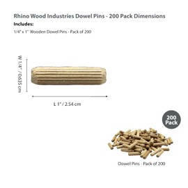 Rhino Wood Industries - 1/4" x 1 - 200 Pack Wooden Dowel Pins - Kiln Dried, Fluted, and Beveled (1/4" x 1, 200pk)