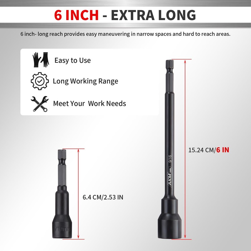 AKM TOOL 9-Piece Long Universal Nut driver set, 6 inch