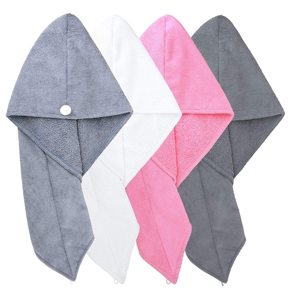 Polyte Microfiber Hair Turban Wrap Drying Towel, 4 Pack (12x28 in, Dark Gray, Gray, Pink, White)