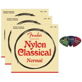 Fender Nylon Classical Strings - Tie End 3-Pack Bundle with 3-Pack Picks