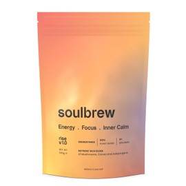 SoulBrew Rise Unsweetened Mushroom Coffee Alternative - with Lion's Mane, Cordyceps, Chaga, Maca, Ashwagandha & Cacao – Gut Friendly Nootropic Superfood (30 Servings, Vegan)