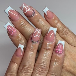 LunarCharm French Press on Nails with Strass Mittel Fake Nails White French Nails Press ons Heart Bow Stick-on Nails, Square Acrylic Nails Heart Nails Stick-on Nails