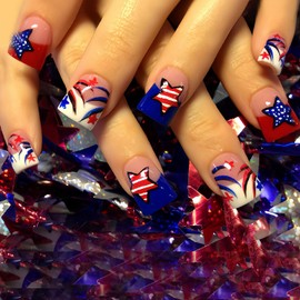 NZRAESTRS 24Pcs 4th of July Patriotic Press-on Nails - Medium Square Plastic False Nails with Independence Day Star Designs - Full Cover French Tip Stick on Nails for Women