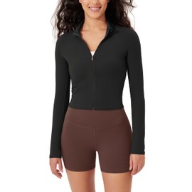 ODODOS Women's Cloud Feeling Athletic Jacket Full Zip Mock Neck Long Sleeve Lightweight Workout Cropped Top, Onyx Black Grey, Medium