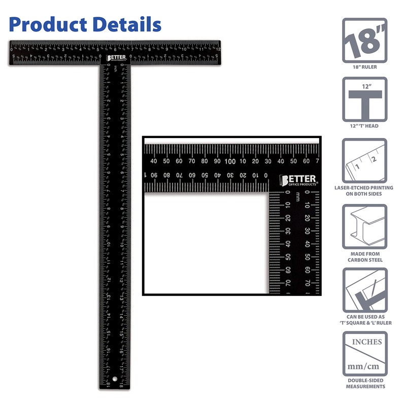 Better Office Products T Square, 18 inch Metal T Ruler,