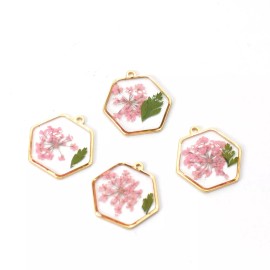 6PCS Gold Tone Queen Anne's Lace Flower Resin Hexagon Charm Pendant GYX805