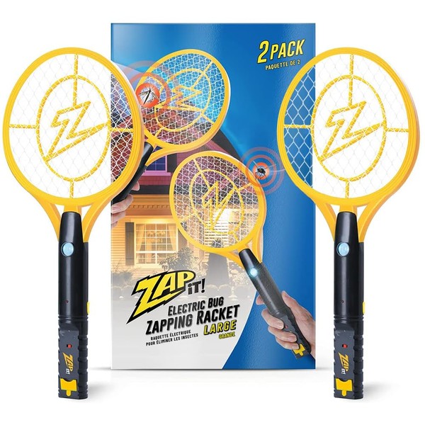 ZAP iT! Electric Fly Swatter Racket & Mosquito Zapper - High Duty 4,000 Volt Electric Handheld Bug Zapper Racket - Fly Killer USB Rechargeable Indoor Safe - 2 Pack (Large, Yellow)
