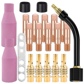 Mig Mag Verschleißteile Set Schweißzubehör mit 21 Teile|10 x Stromdüse M6 0,8 mm | 5 x Düsenstiel | 2 x Keramikdüsen | 2 x Isolatoren | 1 x Schraubenschlüssel | Passend AK-15/MB-15
