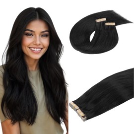 DOORES Human Hair Extensions, Jet Black 20 Inch 100g 40pcs, Tape in Hair Extensions Remy Straight for Women