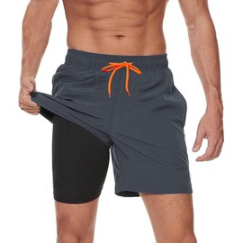 Ougelebo Mens Swimming Shorts Swim Trunks 2 in 1 Quick Dry Swim Shorts Men with Compression Waterproof Swimming Trunks with Zip Pockets Grey XL