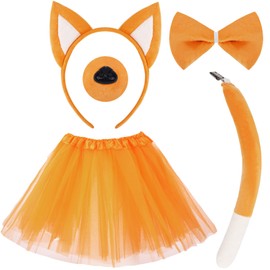 KMLGY 5 PCS Cute Dog Costume Set - Dog Ears Headband Nose Bowtie Tails and Tutu, Lovely Blue and Orange Dog Hairband Plush Dog Ears Headbands Tails for Kids Birthday Party Party Dress Up (Orange)